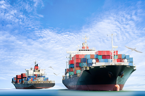 Container Cargo ship in the ocean with Birds flying in blue sky, Freight Transportation.